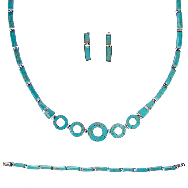 Sterling Silver Faux Mexican Turquoise Earrings, Necklace, and Bracelet Set