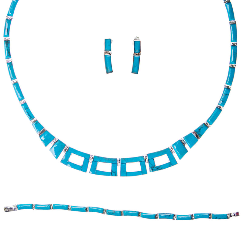 Sterling Silver Faux Kingman Turquoise Earrings, Necklace, and Bracelet Set