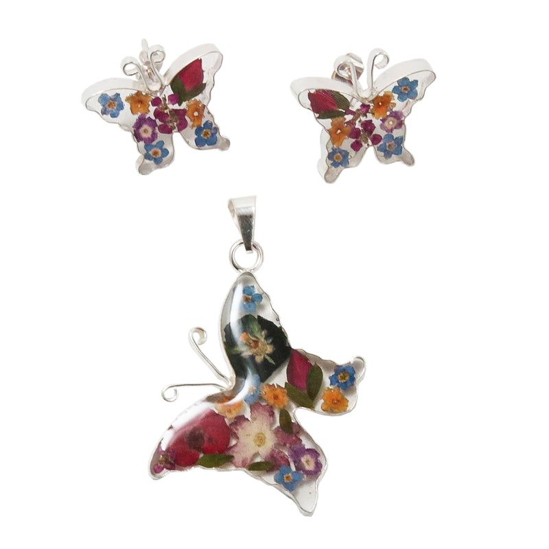 Sterling Silver Pressed Flowers Butterfly Pendant and Earrings Set