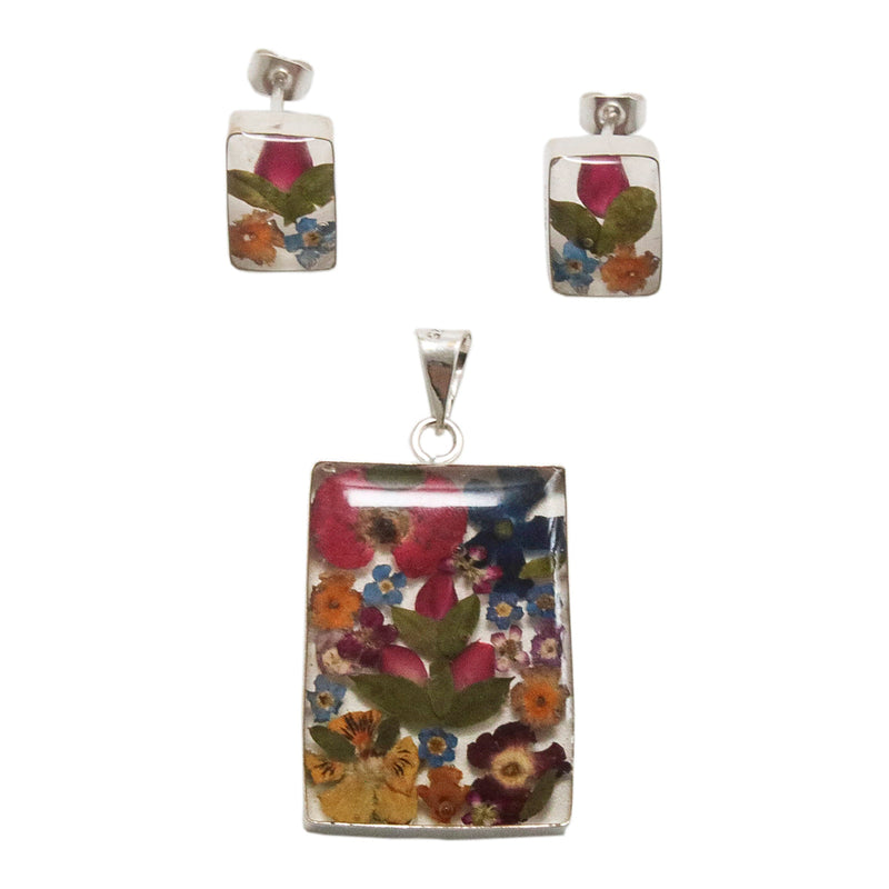 Sterling Silver Pressed Flowers Square Pendant and Earrings Set
