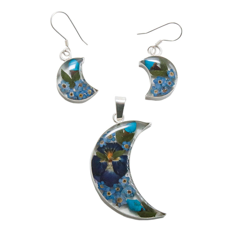 Sterling Silver Pressed Flowers Moon Pendant and Earrings Set