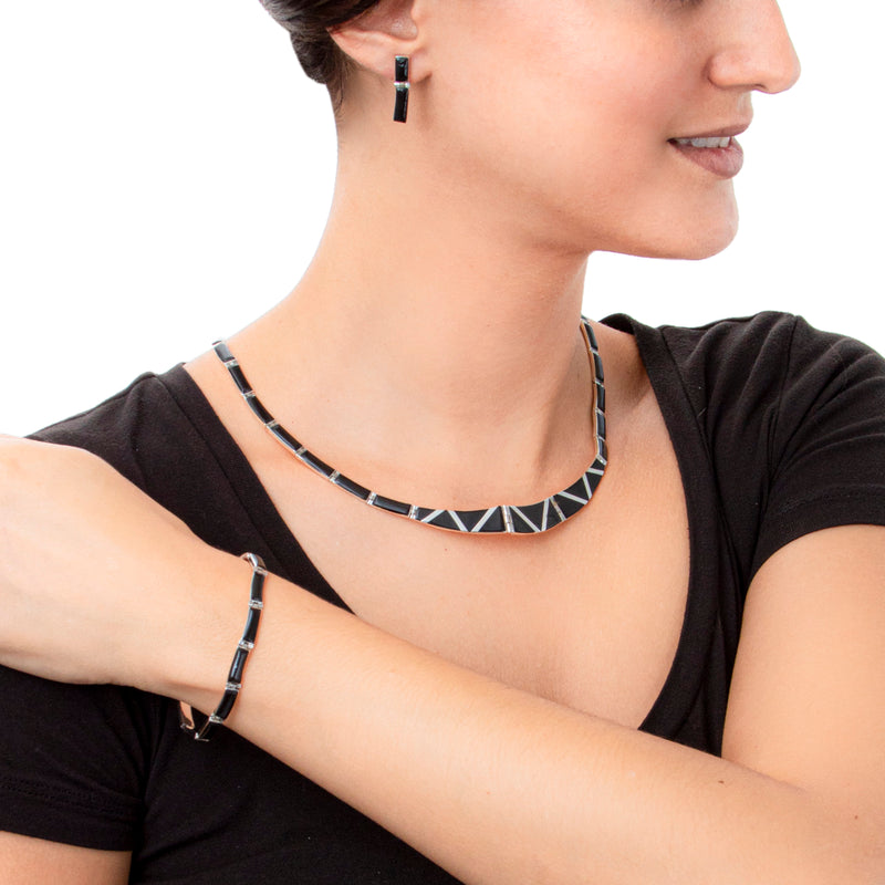 Sterling Silver Faux Onyx Earrings, Necklace, and Bracelet Set