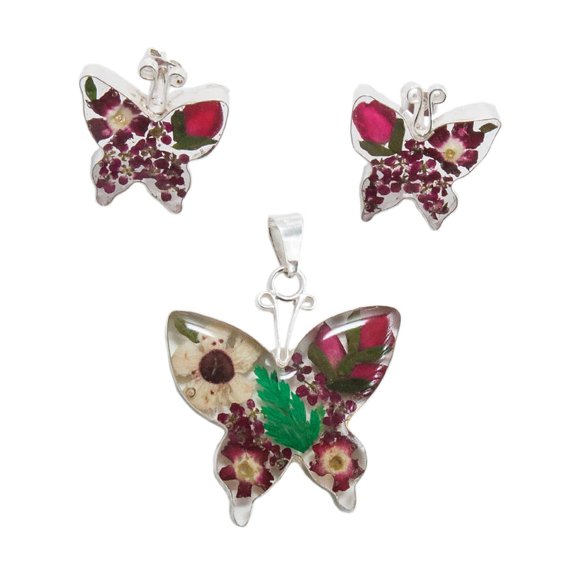 Sterling Silver Pressed Flowers Butterfly Pendant and Earrings Set