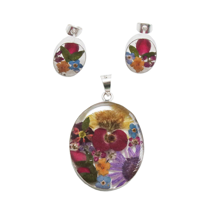 Sterling Silver Pressed Flowers Round Pendant and Earrings Set