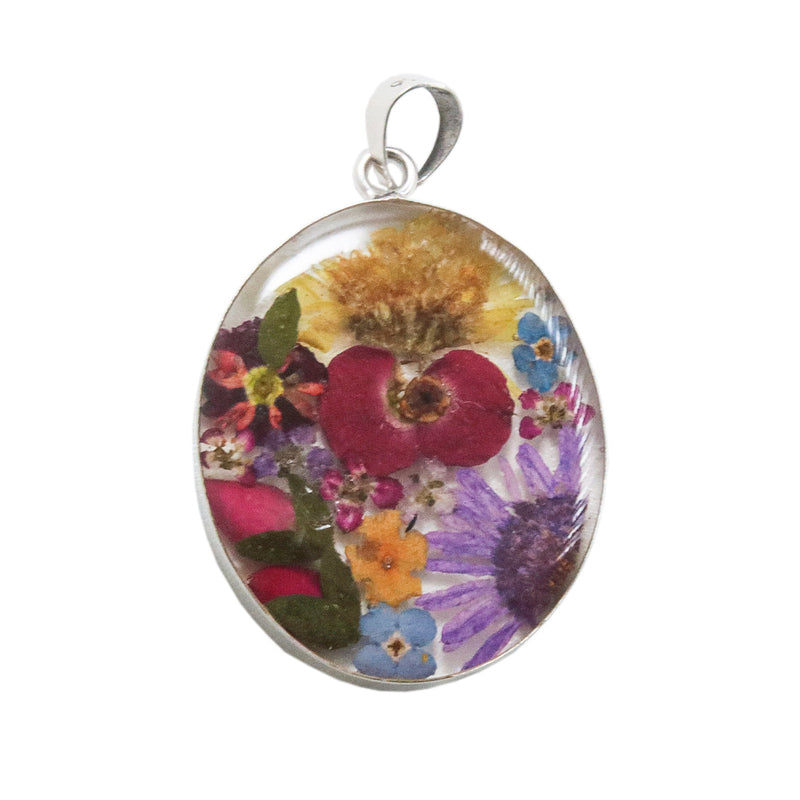 Sterling Silver Pressed Flowers Round Pendant and Earrings Set