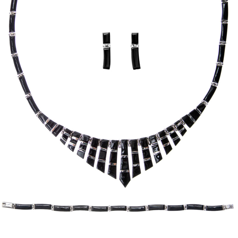 Sterling Silver Faux Onyx Earrings, Necklace, and Bracelet Set