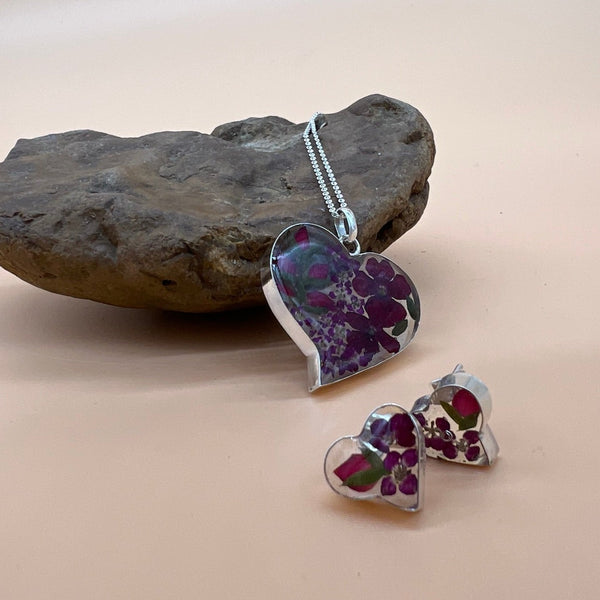 Sterling Silver Pressed Flowers Heart Pendant and Earrings Set