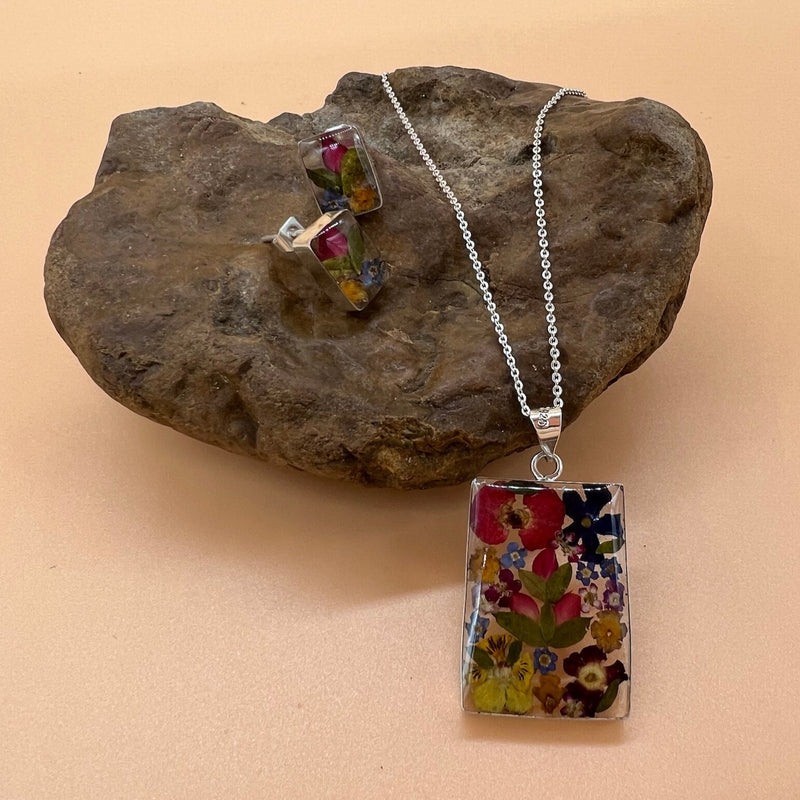 Sterling Silver Pressed Flowers Square Pendant and Earrings Set
