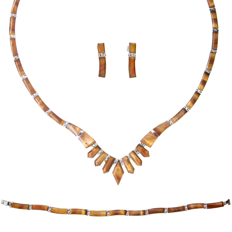 Sterling Silver Faux Tiger Eye Earrings, Necklace, and Bracelet Set