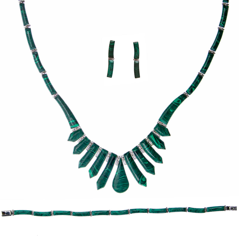 Sterling Silver Faux Malachite Earrings, Necklace, and Bracelet Set