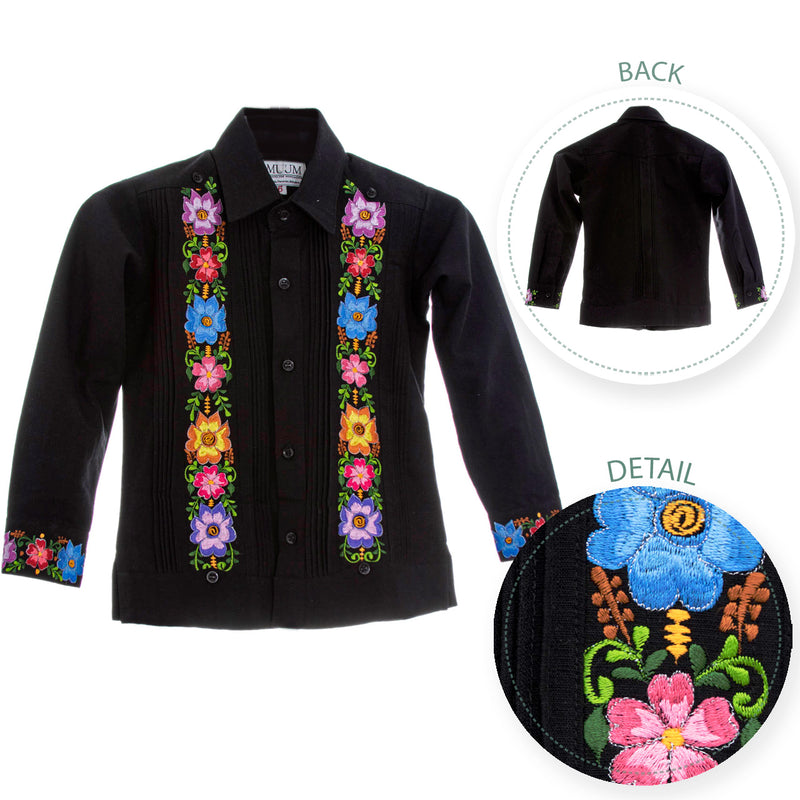 Children's Embroidered Floral Long Sleeve Black Guayabera