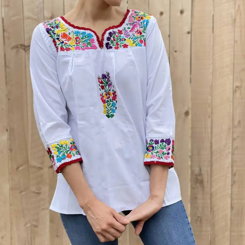 Camila Hand-Embroidered 3/4 Sleeve Blouse