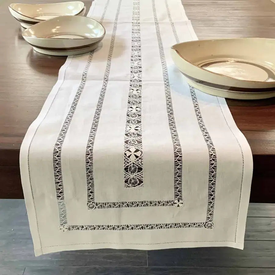 Cruces White Cotton Deshilado Table Runner