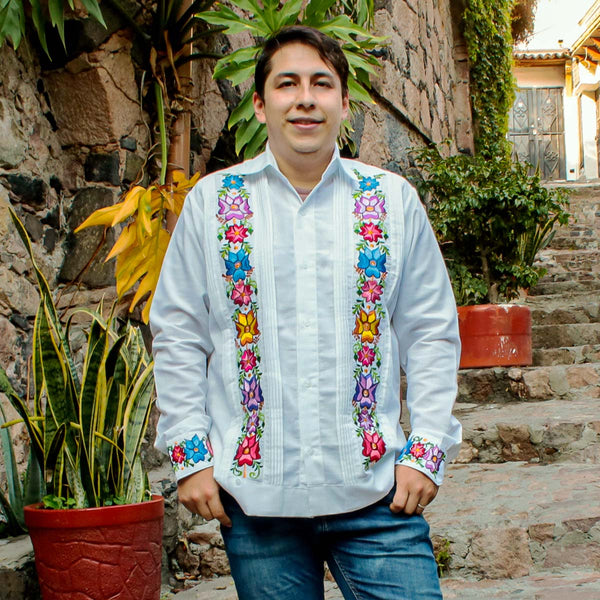 Embroidered Floral Long Sleeve White Guayabera