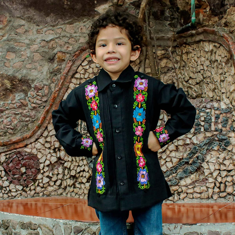 Children's Embroidered Floral Long Sleeve Black Guayabera