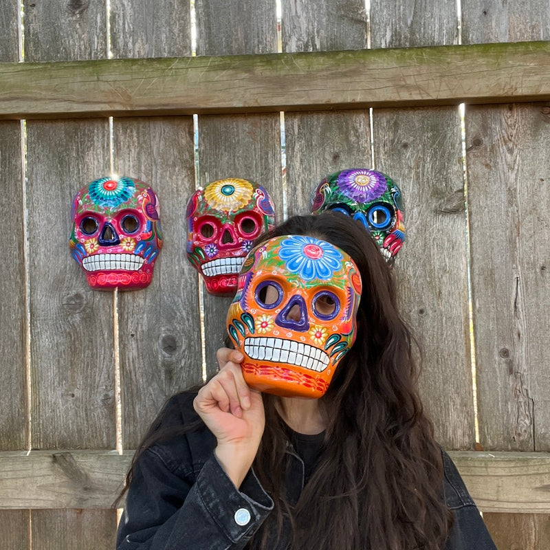 Hand-Painted Xalitla Clay Sugar Skull Wall Art Mask