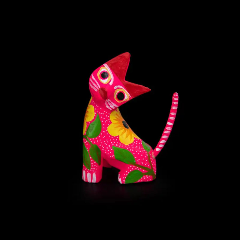 Hand Painted Neck Side Bend Cat Wooden Figurine - 22