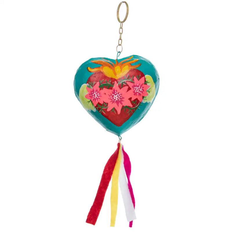 Paper Mache Very Mexican Heart Keychain - 10