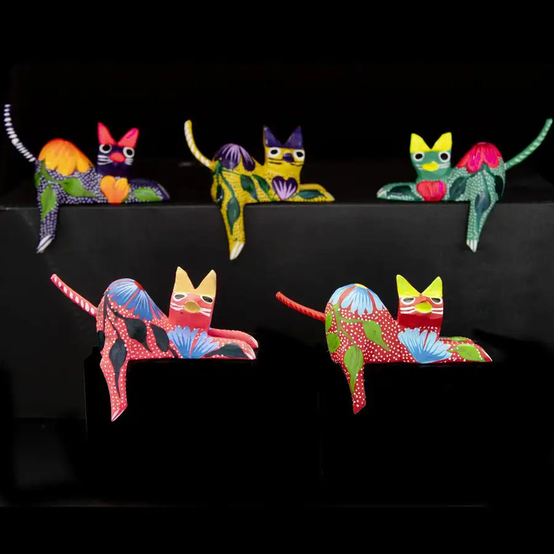Hand Painted and Carved Hanging Cat Wooden Figurine Alebrije