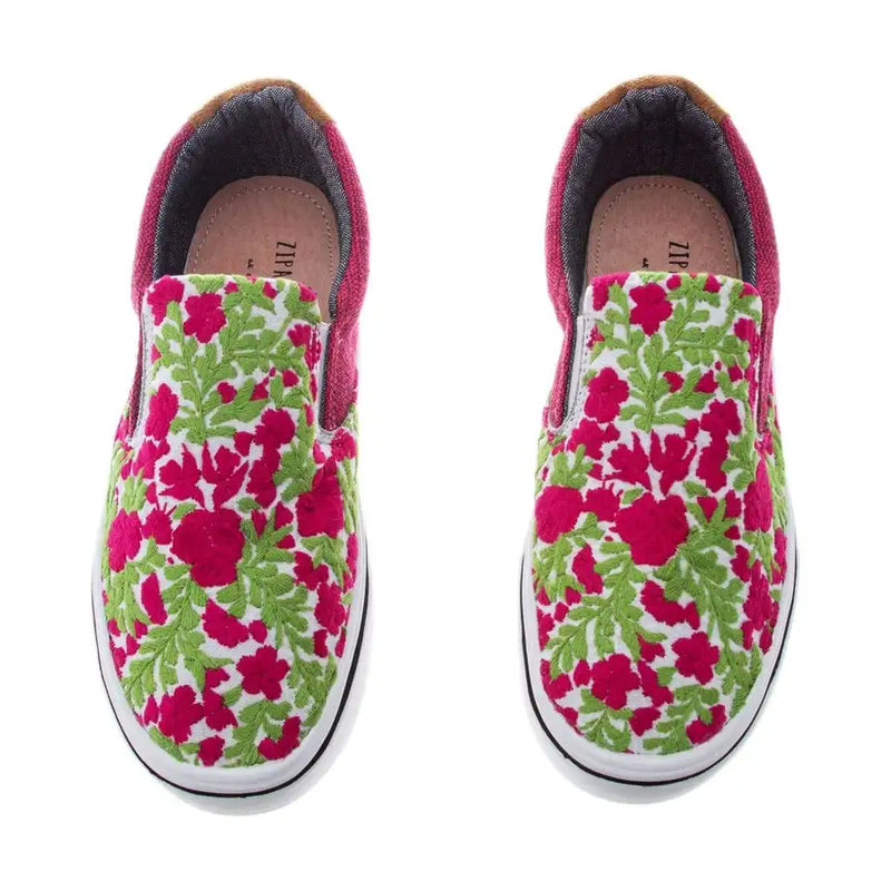 Pink and Green Floral Embroidery Sneakers - 1