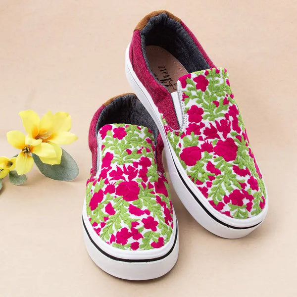 Pink and Green Floral Embroidery Sneakers