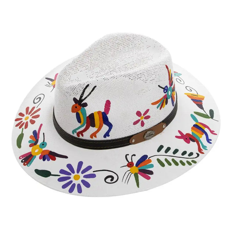 Hand-Painted Hat from Mexico - Butterflies - Straw, Red, Black Medium