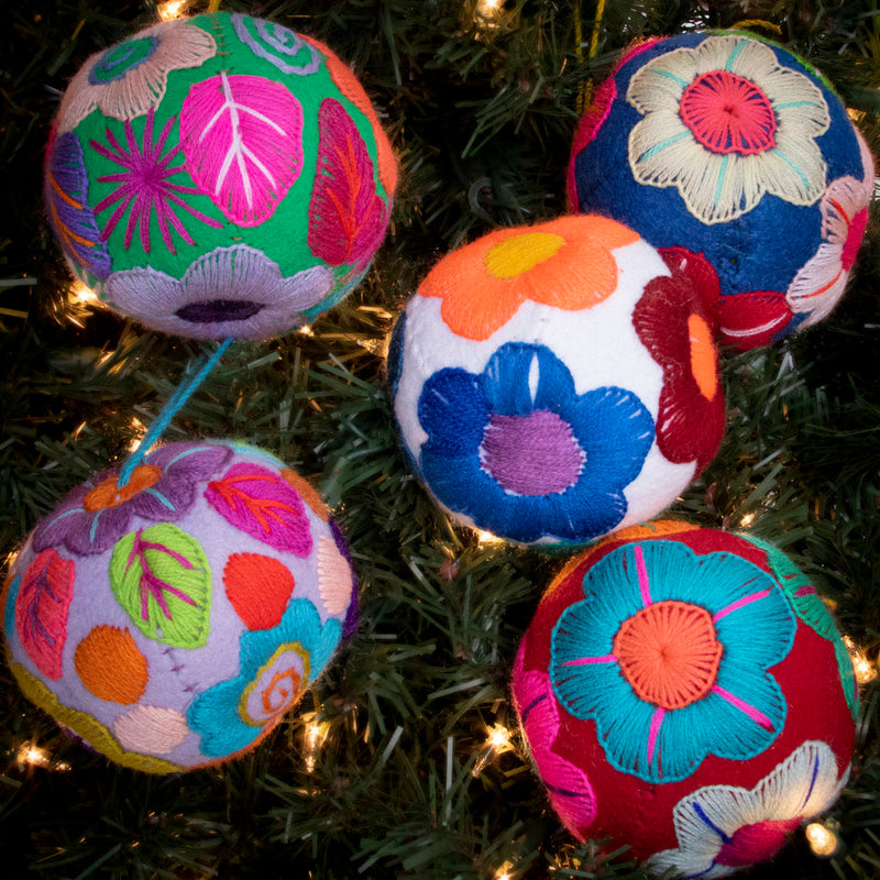 Plush Hand-Embroidered Floral Round Ornament