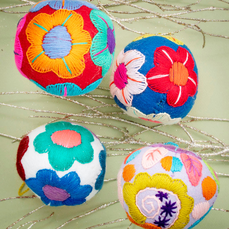 Plush Hand-Embroidered Floral Round Ornament