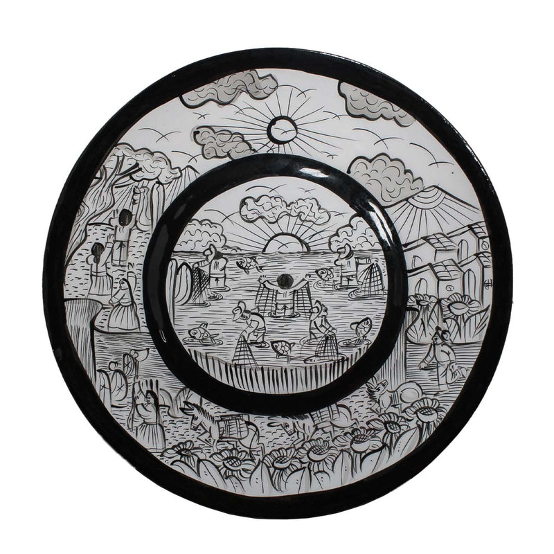 Black & White Xalitla Narrative Clay Charger Plate