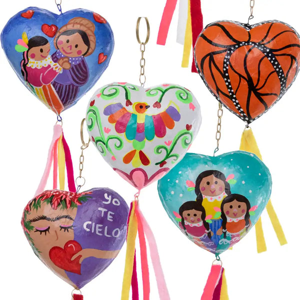 Paper Mache Very Mexican Heart Keychain