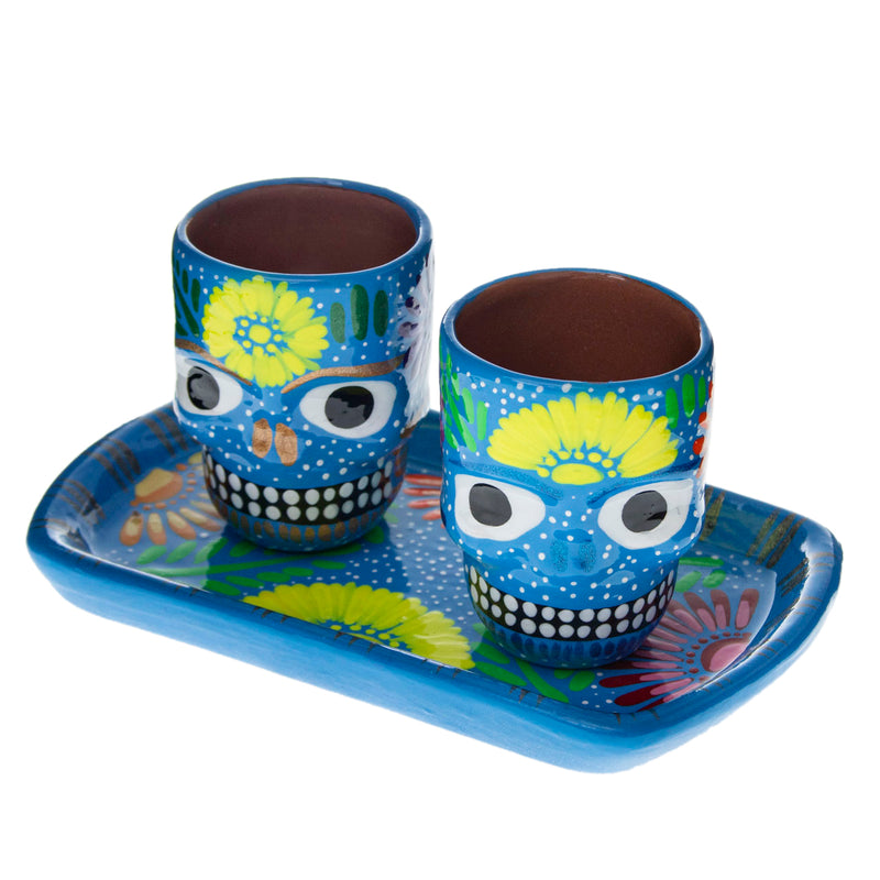 Sugar Skull Clay Shot Glasses with Dish Set