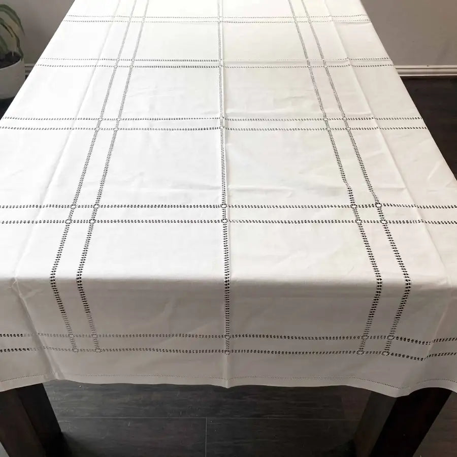 Squares Rectangular White Cotton Deshilado Tablecloth - 3