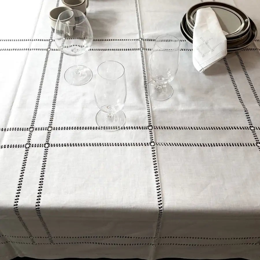 Squares Rectangular White Cotton Deshilado Tablecloth - 6