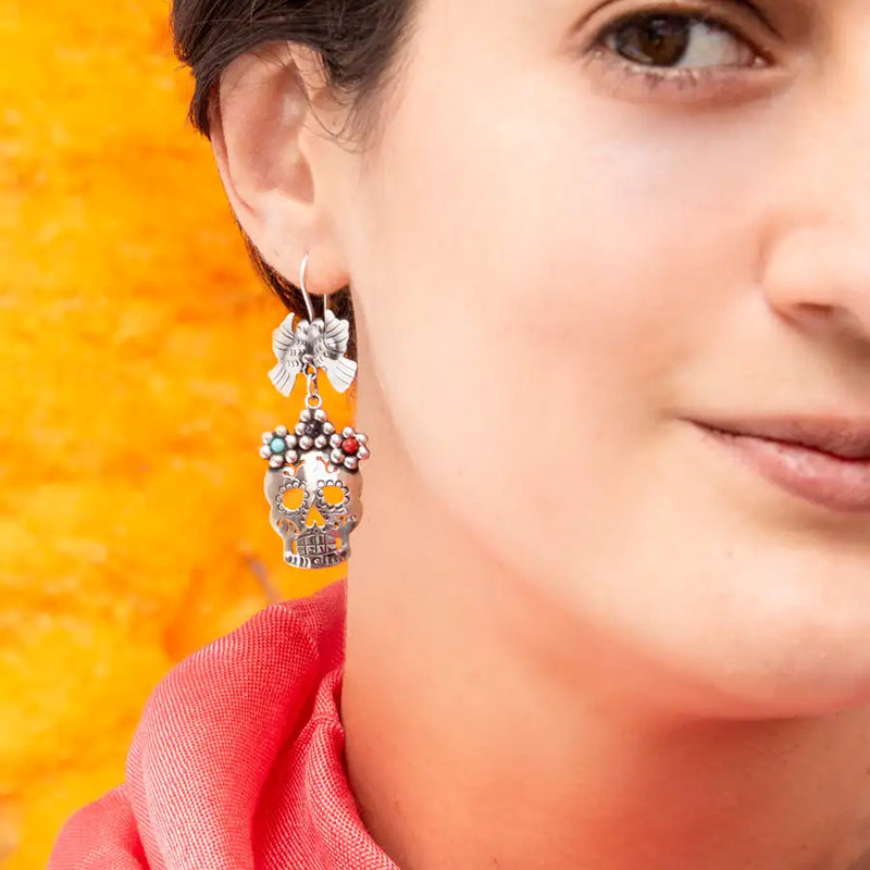 Sterling Silver Love Bird Calavera Earrings