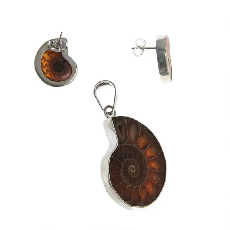 Sterling Silver Ammonite Shell Earrings and Pendant Set - 2