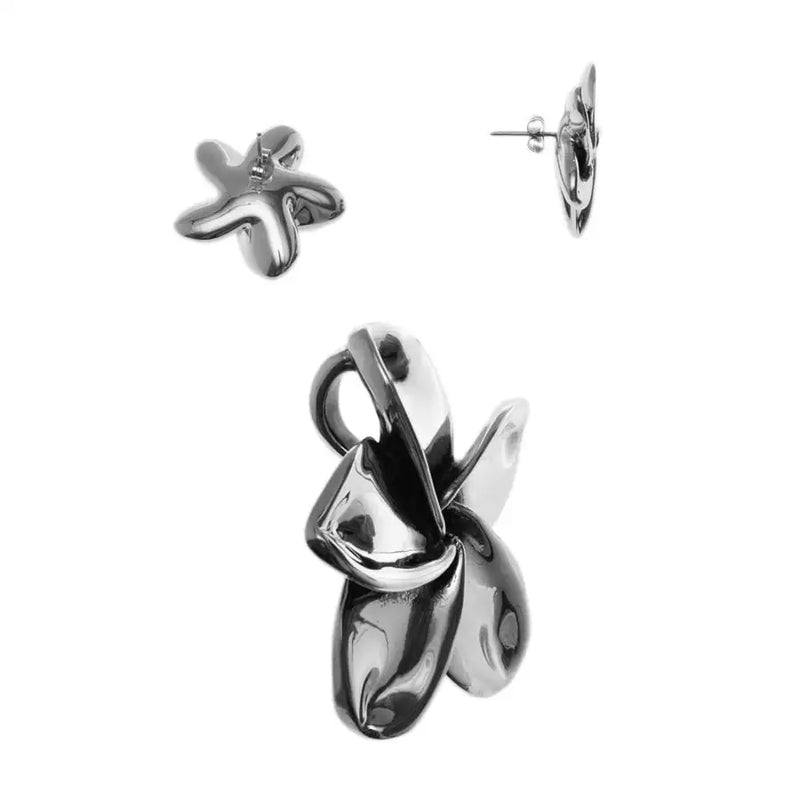 Sterling Silver Flower Earrings and Pendant Set - 1