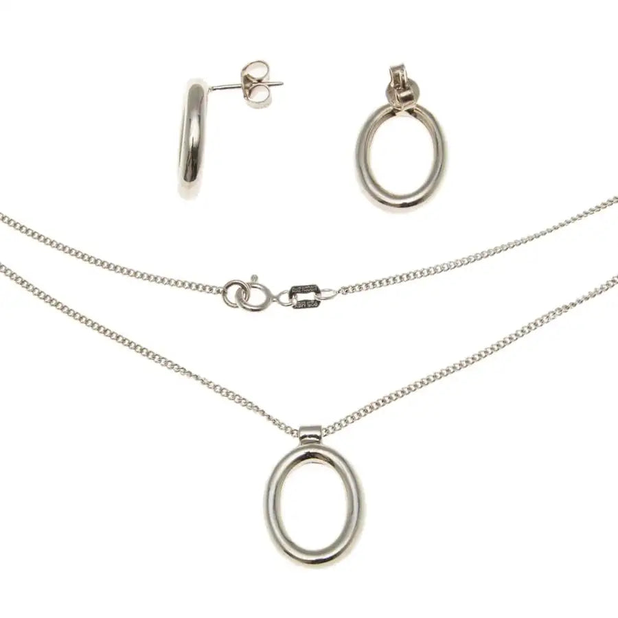 Sterling Silver Oval Earrings and Pendant Necklace Set - 2