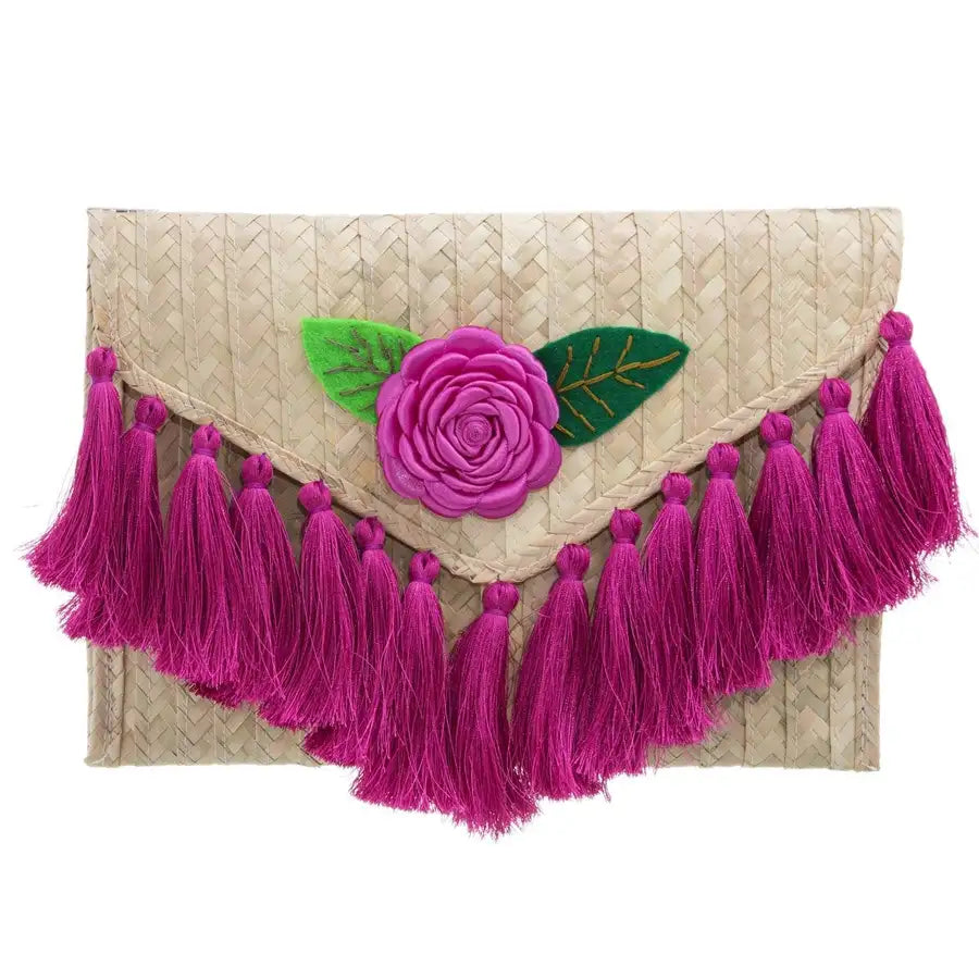Tassels and Flower Woven Palm Clutch - 1