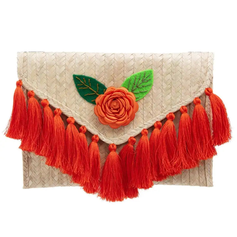 Tassels and Flower Woven Palm Clutch - 10
