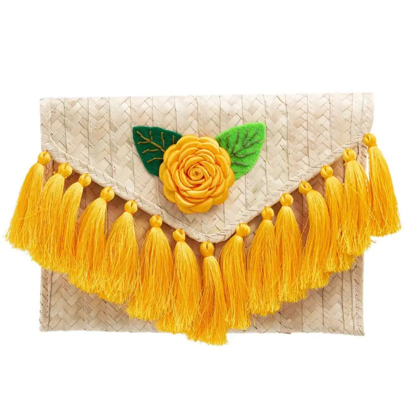 Tassels and Flower Woven Palm Clutch - 9