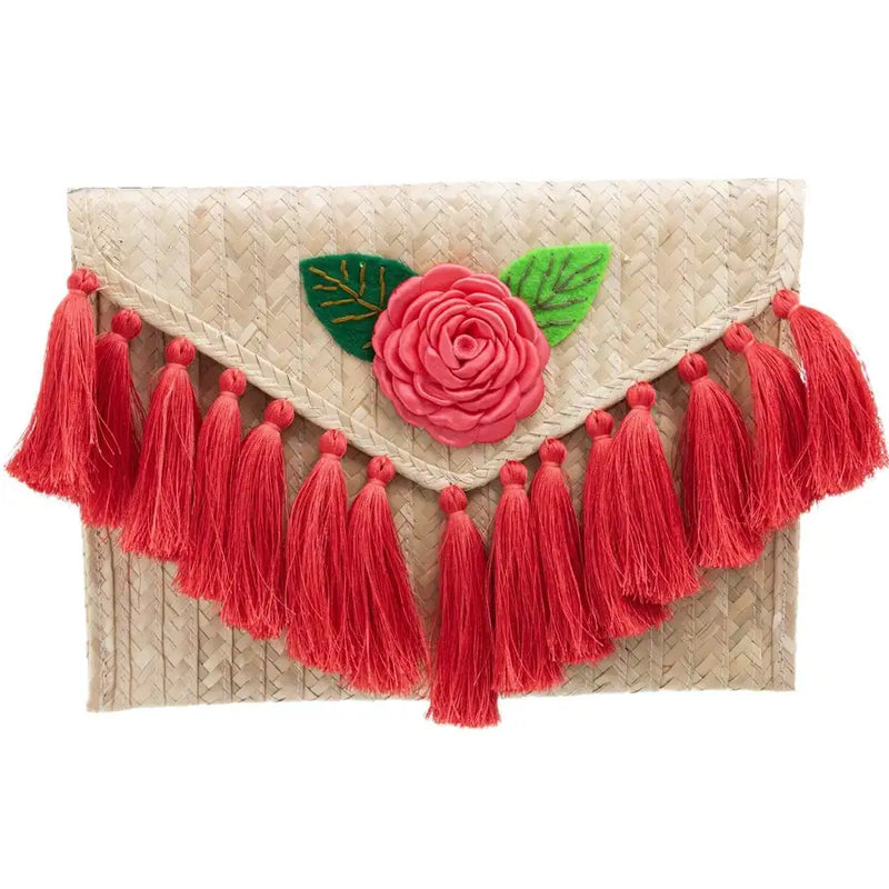 Tassels and Flower Woven Palm Clutch - 6