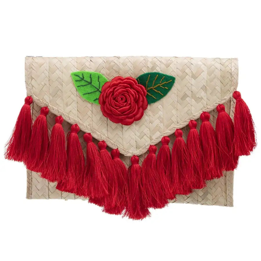 Tassels and Flower Woven Palm Clutch - 3
