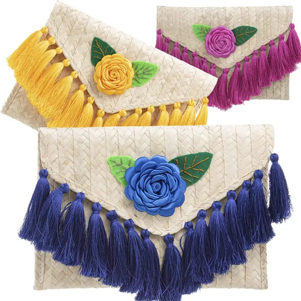 Tassels and Flower Woven Palm Clutch