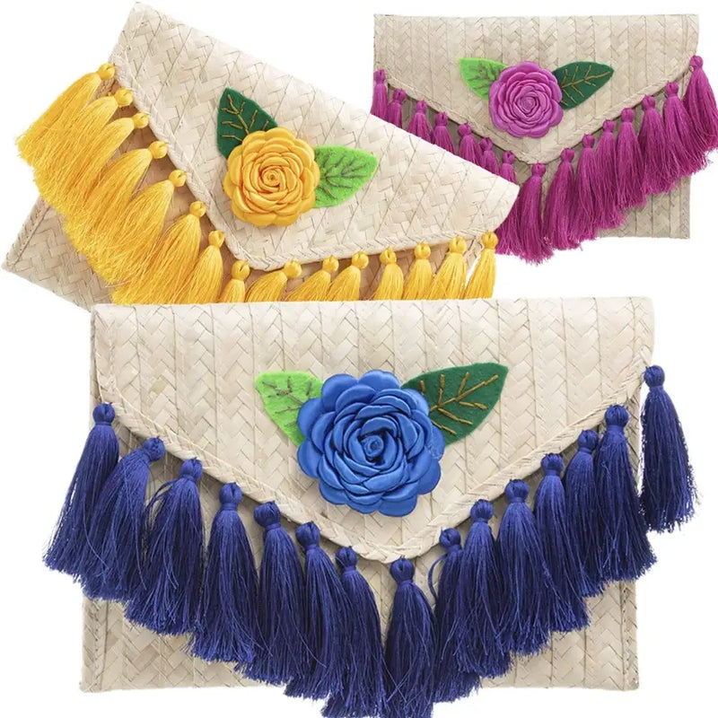 Tassels and Flower Woven Palm Clutch