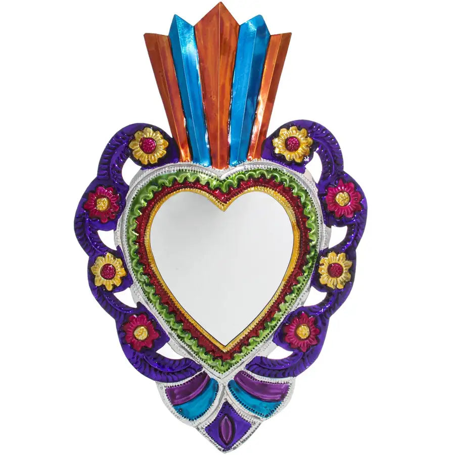 XL Mexican Milagro Tin Heart with Mirror - 1