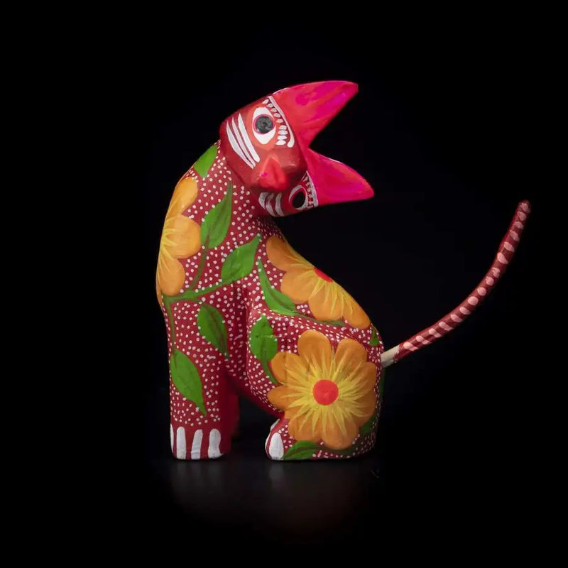 Hand Painted Neck Side Bend Cat Wooden Figurine - 17