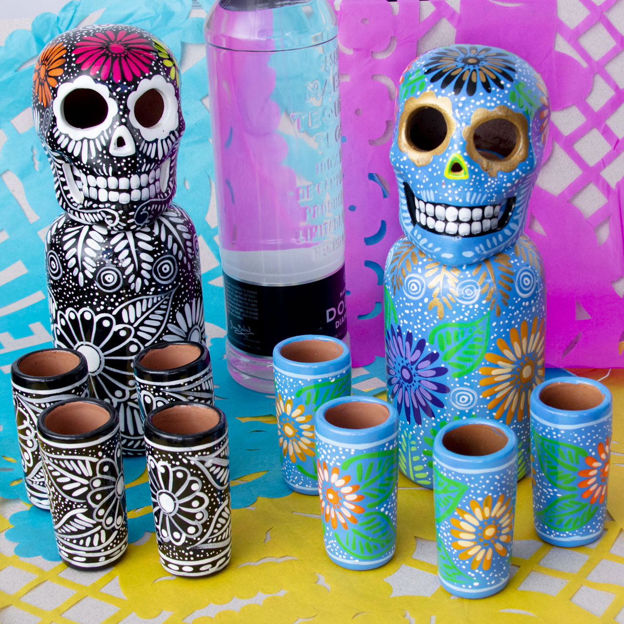 Hand-Painted Sugar Skull Top Decanter and Shot Glasses Set