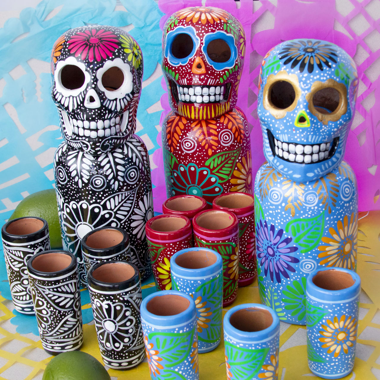 Hand-Painted Sugar Skull Top Decanter and Shot Glasses Set