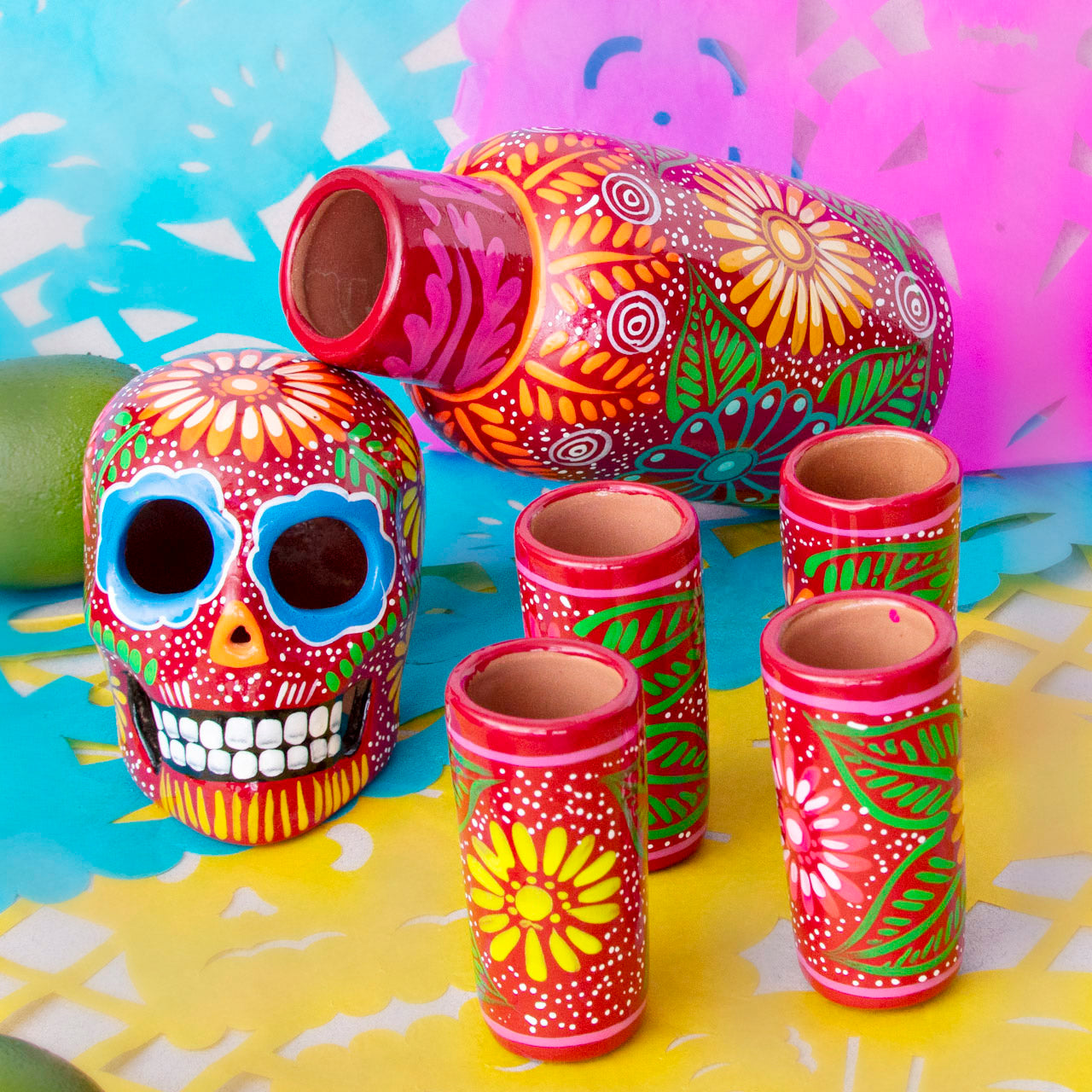 Hand-Painted Sugar Skull Top Decanter and Shot Glasses Set