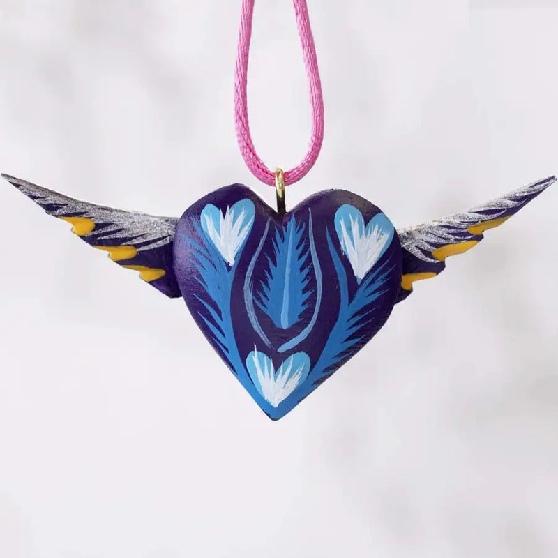 Mexican Heart with Wings Hand Painted Necklace - 13